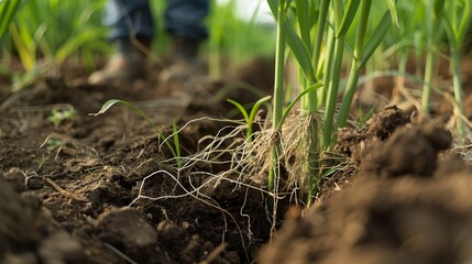 Fototapeta premium Close up of microbial inoculant being applied to crop roots, enhancing soil biology 
