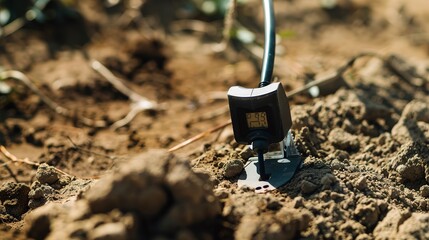 Moisture meter probe in soil, close up, digital readout, essential for irrigation management 