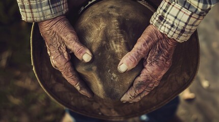 Old farmer's hands holding a weathered hat, close up, stories of a lifetime, soft focus