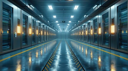 Data centers utilizing direct current power systems for improved energy efficiency. Photorealistic....