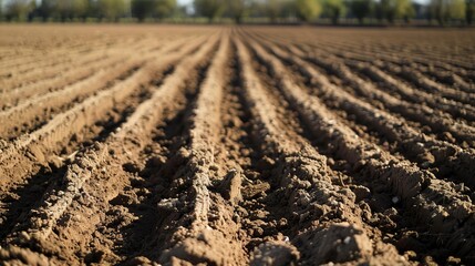 Freshly plowed field, close up, clods of soil and furrows, ready for planting, clear day