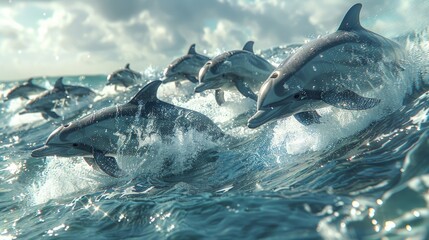 Dolphin pod racing, playful leaps, sparkling ocean surface. Photorealistic. HD.