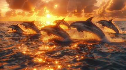 Dolphins leaping, ocean sunset, playful pod, golden reflections. Photorealistic. HD.