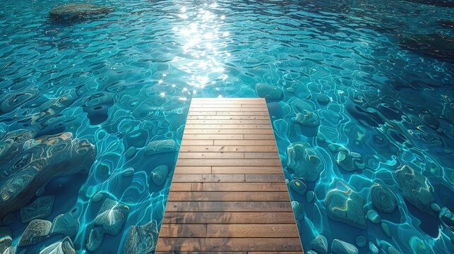 Diving board over pool, anticipation, high dive, clear blue water . Photorealistic. HD.