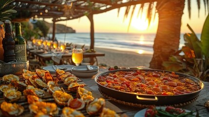 Enjoying a paella cooking class in Valencia, beach setting, Spanish culture, local ingredients. Photorealistic. HD.
