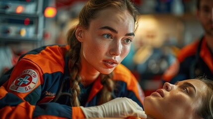 Emergency medical team using a defibrillator during a CPR training session. Photorealistic. HD.