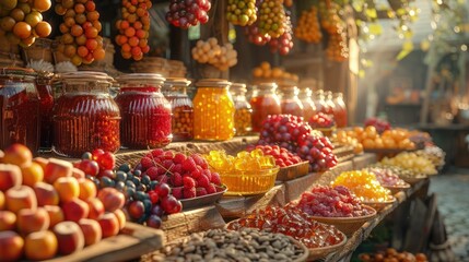 Obraz premium Farmers market stalls brimming with homemade preserves and freshly baked goods. Photorealistic. HD.