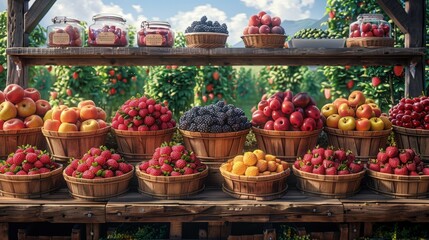 Farmers market stalls brimming with homemade preserves and freshly baked goods. Photorealistic. HD.