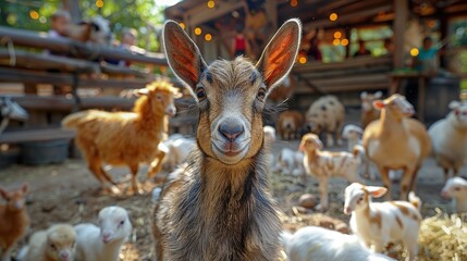 Farm animals at a petting zoo, children learning about rural life. Photorealistic. HD.