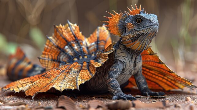 Frilled lizard displaying frill, dramatic, defensive behavior. Photorealistic. HD.