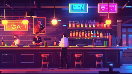 Bar counter modern illustration background with stool, alcohol cocktail and barista man. Beer pump near neon signboard and male bartender. Nightclub party in a nightclub.