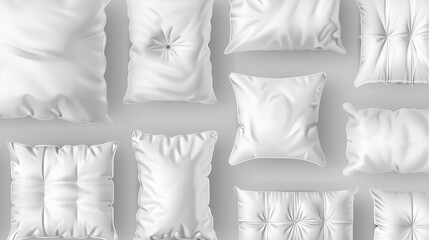 A mockup of white rectangular and square pillows with cotton or silk pillowcases for sleeping and relaxing in the bedroom. A realistic set of comfort textile elements for the bedroom.