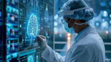 Surgeon in augmented reality glasses examines a 3D image of a brain.