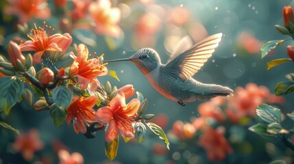 Obraz premium Hummingbirds feeding, vibrant flowers, rapid wings, detailed close-up. Photorealistic. HD.