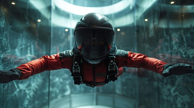 Indoor skydiving acrobatics, wind tunnel, floating dance. Photorealistic. HD.