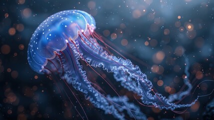 Jellyfish drifting gracefully in deep blue ocean waters, pulsing along currents. Photorealistic. HD.