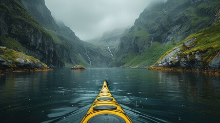 Kayaking through fjords in Norway, serene waters, towering cliffs, majestic scenery. Photorealistic. HD.