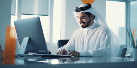 Professional Focus: Modern Arabian Businessman at Work. Generative ai