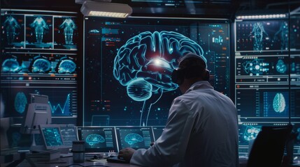 A doctor is using a computer to examine a 3D model of a brain.