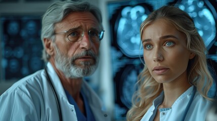 Medical professionals discussing over a PET scan image showing areas of high metabolic activity. Photorealistic. HD.