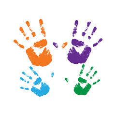 Vector illustration of colorful hand prints on transparent background