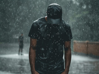 Faceless man standing under the rain wearing a black t-shirt and black cap. 