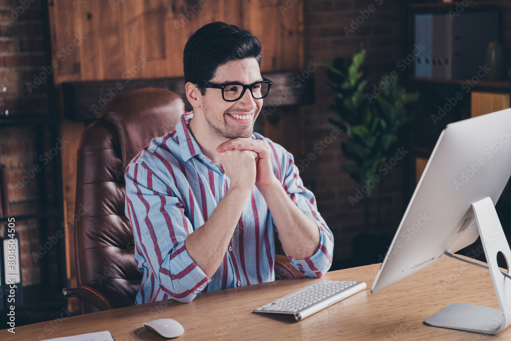 Poster portrait of young man office worker watch video display wear shirt loft interior business center ind