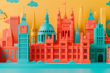 A colorful cityscape with a large building in the middle