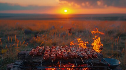 Mongolian barbecue, steppe backdrop, rustic, outdoor setting, sunset. Photorealistic. HD.
