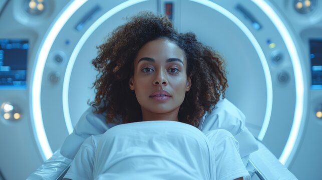 MRI technician explaining the procedure to a patient before scanning the abdominal area. Photorealistic. HD.