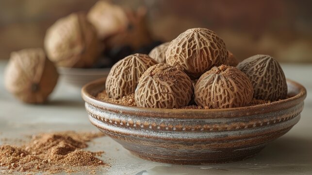 Nutmeg, whole and grated, on a small porcelain plate. Photorealistic. HD. - Powered by Adobe