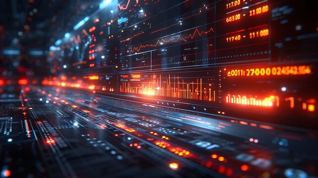 Show a visualization of digital streams of 1s and 0s that smoothly transition into real-time stock market charts, emphasizing the digital backbone of modern financial markets.