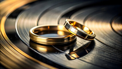 Wedding rings on a vinyl record. Selective focus.