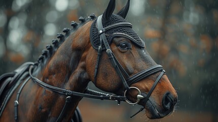 Obraz premium Racing saddle on thoroughbred horse, close-up, race day, dynamic angle . Photorealistic. HD.