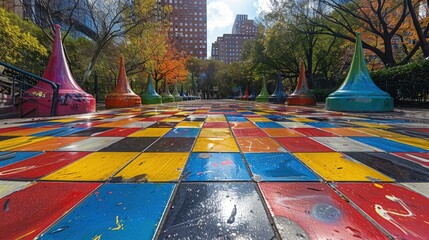 Public squareâ€™s pavement turned into a graffiti checkerboard â€“ Playable art....
