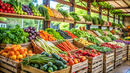 Fruits and vegetables on the counter of a farmers market in Italy