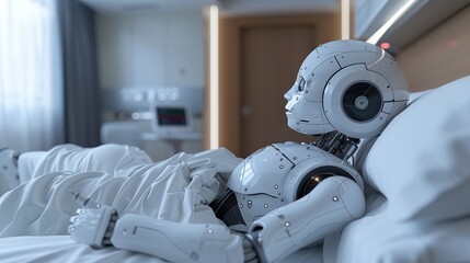 Robot assisting with post-operative care, attentive, hospital room. Photorealistic. HD.