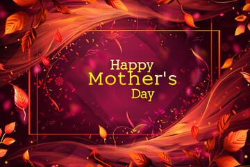 Happy Mother's Day on a sunny maroon abstract festive background with swirling leaves and a rectangular frame.