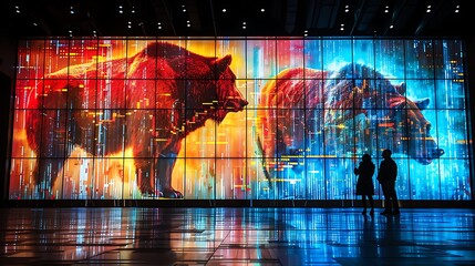 Show an artistic depiction of market sentiment with the silhouettes of a bull and a bear cast against a large, illuminated backdrop of fluctuating stock market charts. - obrazy, fototapety, plakaty