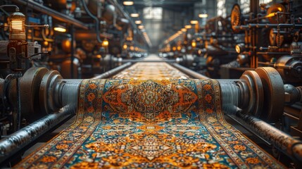 Robots weaving carpets in a textile factory, intricate patterns, automated weaving. Photorealistic. HD.