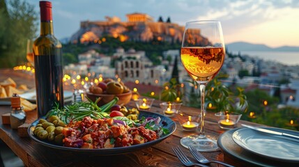 Sampling authentic Greek mezes in Athens, rooftop dining, Mediterranean flavors, local wines. Photorealistic. HD.