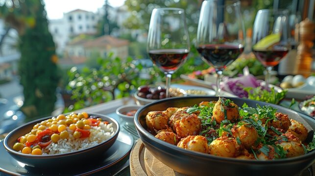 Sampling authentic Greek mezes in Athens, rooftop dining, Mediterranean flavors, local wines. Photorealistic. HD.