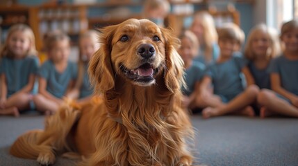 Service dog presentation at a school, kids sitting in a circle, engaged and learning. Photorealistic. HD.