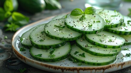 Sliced cucumbers, fresh and green, on a white plate. Photorealistic. HD.