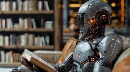 Sleek robot assistant organizing books in a modern living room, warm lighting, minimalistic. Photorealistic. HD.