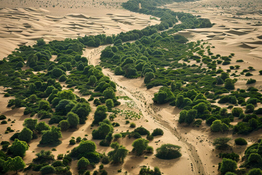 Aerial view of burgeoning vegetation amidst the sandy dunes, signifying the progress of the african great green wall initiative combating desertification