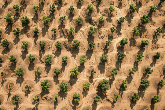 This aerial image showcases the african great green wall initiative, featuring rows of newly planted trees in the arid sahel region, symbolizing hope for environmental restoration and sustainability