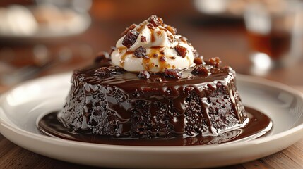 Sticky toffee pudding, dark and rich, with a dollop of cream. Photorealistic. HD.