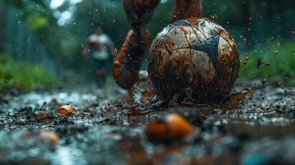 Swamp soccer match, muddy field, unconventional and fun. Photorealistic. HD.