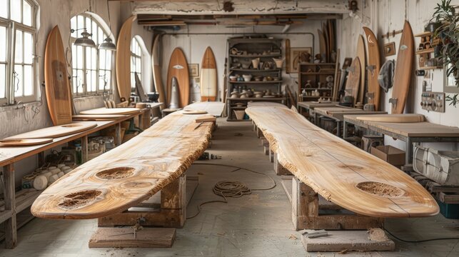 Surfboard shaping workshop, artisan craft, custom boards. Photorealistic. HD.